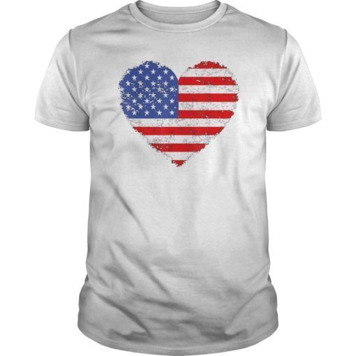 USA Flag Heart T Shirt 4th July Red White Blue Stars Stripes