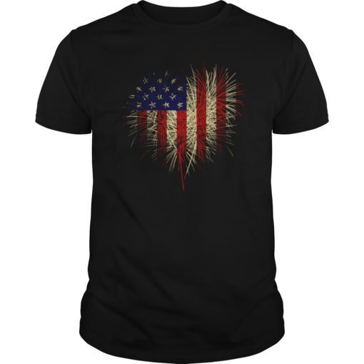 USA Flag Heart Tee Shirts 4th July Red White Blue Stars Stripes