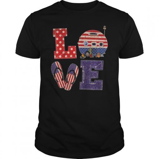 Love Camping USA Flag 4th of July Flip Flop Camper USA Flag Vintage T-Shirt