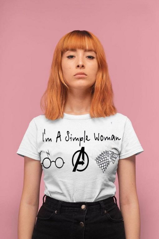 Mens Im A Simple Woman Who Love Harry Potter Avengers and Game Of Thrones Gift Tee Shirt
