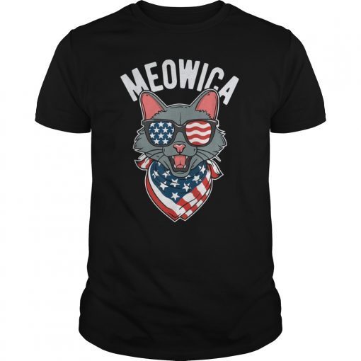 Meowica 4th of July American Flag Funny Cat T-Shirts