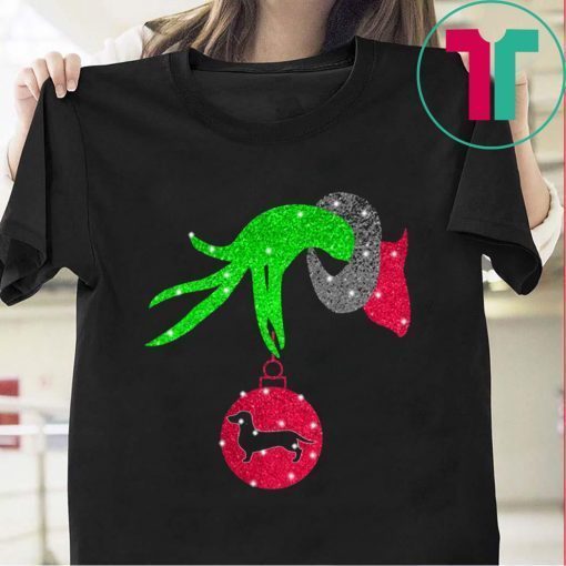 Grinch Hand Holding Dachshund Christmas T-Shirts