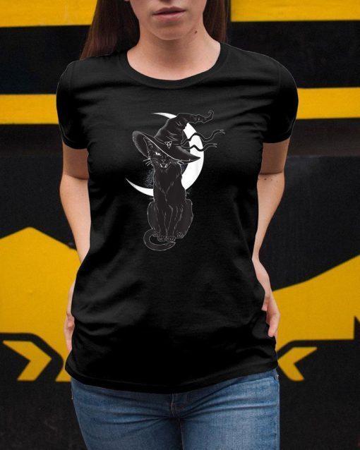 Halloween black cat costume witch hat and moon shirt