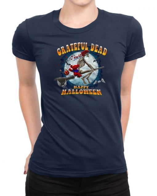 Happy Halloween Skeleton And Bear Riding Broomstick Grateful Dead T-shirt