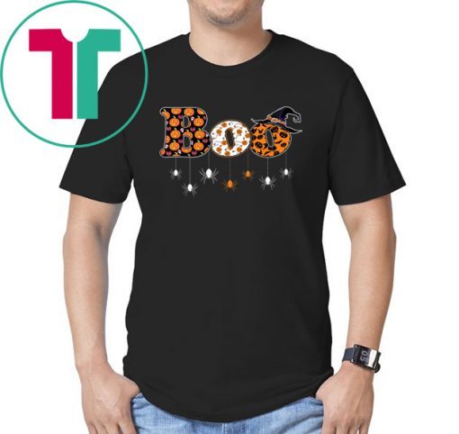 Boo Halloween T-shirt With Spiders and Witch Hat