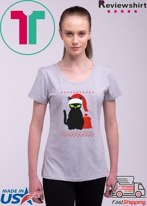 Santa Hat Xmas Cat Knitted Christmas T-Shirt