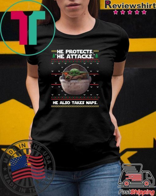 Baby Yoda He protects he also takes naps Christmas Shirt