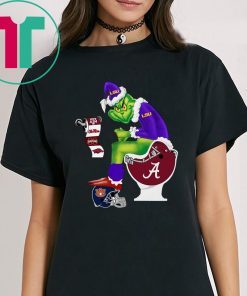 Grinch Santa LSU sitting on Alabama Crimson Tide Toilet Christmas Tee Shirt