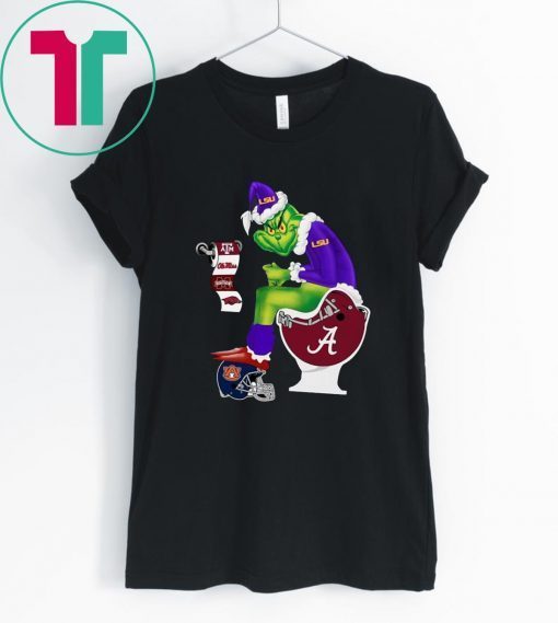 Grinch Santa LSU sitting on Alabama Crimson Tide Toilet Christmas Tee Shirt