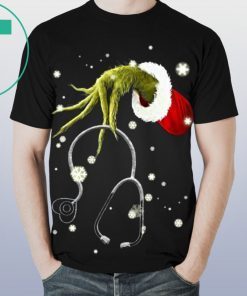 Grinch Hand Hold Stethoscope Nurse Christmas Tee Shirt