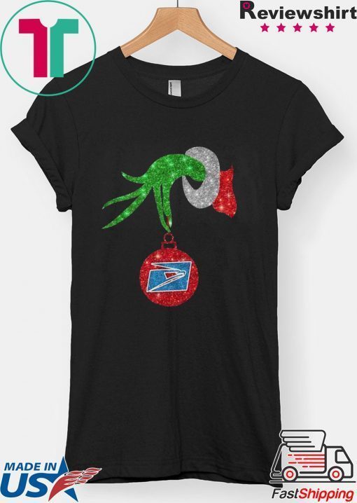 Grinch hand holding US postal service ornament shirt