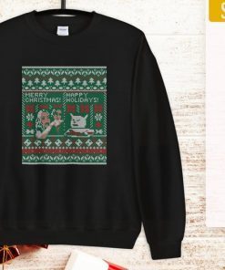 Woman Yelling at Cat Meme Ugly Christmas Sweater Faux Cross Stitch Tee Shirt
