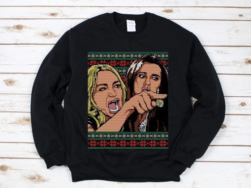 Woman Yelling at Cat Meme Ugly Christmas Sweater Faux Cross Stitch T-Shirt Hoodie Sweatshirt