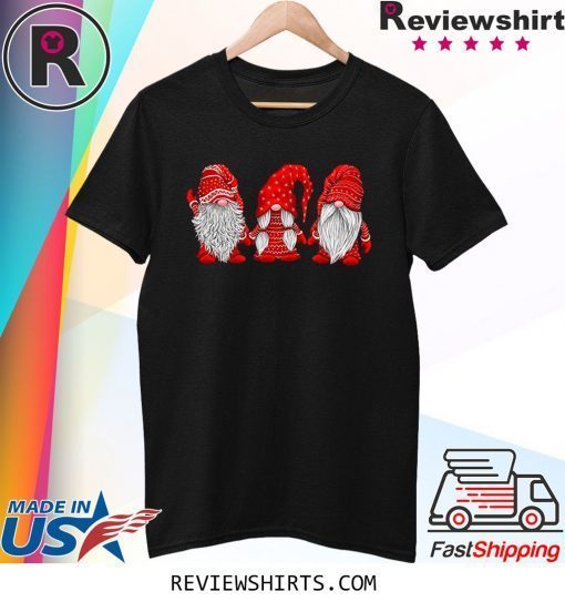 three gnomes in red costume christmas tee shirt