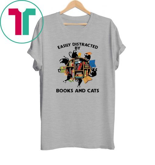 Librarian easily distracted by books and cats black t-shirt