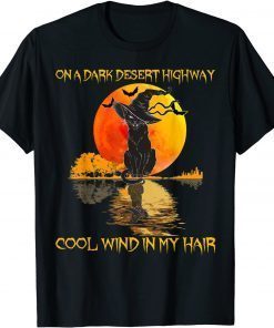 Black Cat Witch Hat On A Dark Desert Highways Halloween T-Shirt