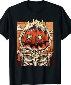 Pumpkin Head on Fire Skeleton - Creepy Scary Evil T-Shirt