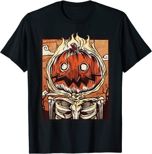Pumpkin Head on Fire Skeleton - Creepy Scary Evil T-Shirt