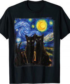 Starry Night Vincent van Gogh Art Vintage Black Cat Lover T-Shirt