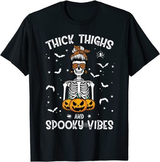 Classic Thick Thighs And Spooky Vibes Messy Bun Women Halloween T-Shirt