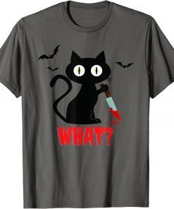 Black Cat with Knife Funny Halloween T-Shirt