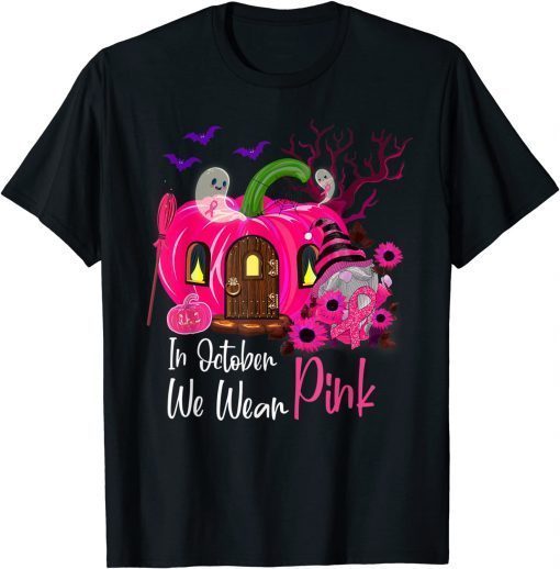 Funny October We Wear Pink Gnome Breast Cancer Awareness Halloween T-Shirt