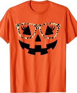 Funny Jack O Lantern Face Pumpkin Hallowen Leopard Print Glasses T-Shirt