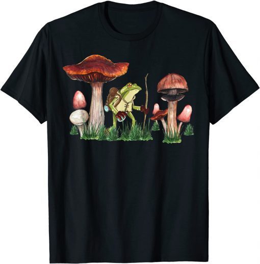 Funny Cottagecore Aesthetic Cute Frog On A Hike Mushroom Forest T-Shirt