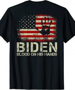 Funny Vintage USA Flag Handprint Biden Blood On His Hands on back T-Shirt
