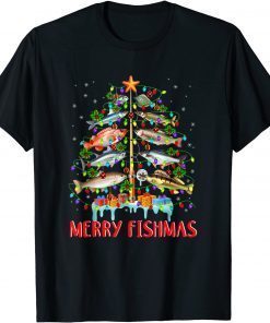 T-Shirt Merry Fishmas Funny Christmas Tree Lights Fish Fishing Rod