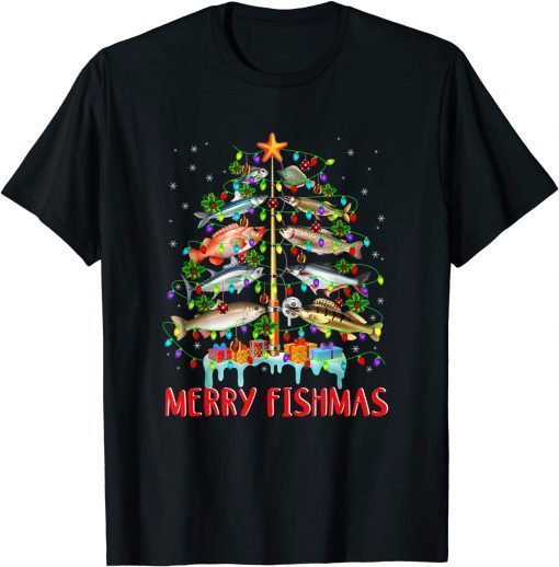 T-Shirt Merry Fishmas Funny Christmas Tree Lights Fish Fishing Rod