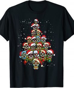 Funny Sugar Skull Christmas Tree with Santa Hat Tee T-Shirt