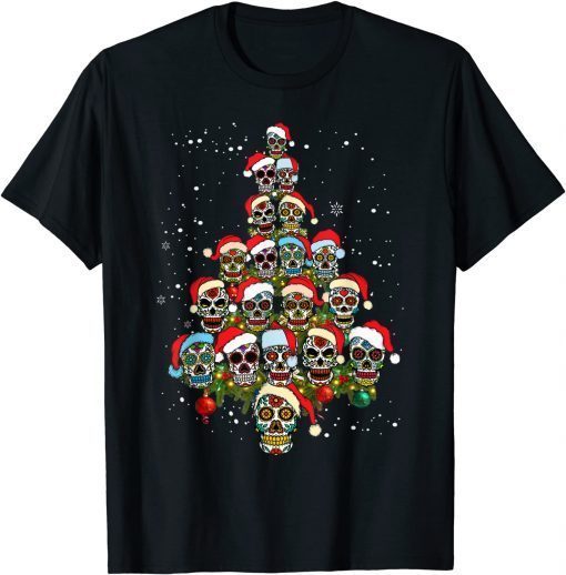 Funny Sugar Skull Christmas Tree with Santa Hat Tee T-Shirt