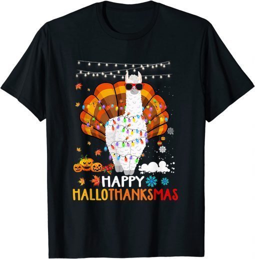 Funny Llama Happy Hallothanksmas Halloween Thanksgiving Xmas T-Shirt