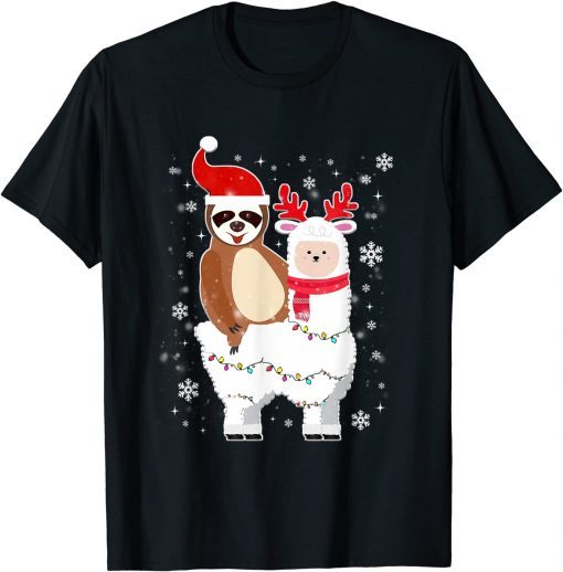 Official Sloth Riding Llama Funny Christmas Scarf Santa Hat Official T-Shirt