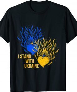 T-Shirt Ukraine Supporter Flag Color Blue Yellow Fire Hearts
