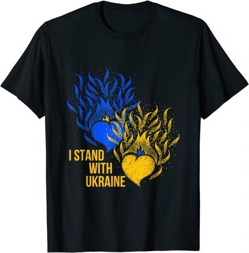 T-Shirt Ukraine Supporter Flag Color Blue Yellow Fire Hearts