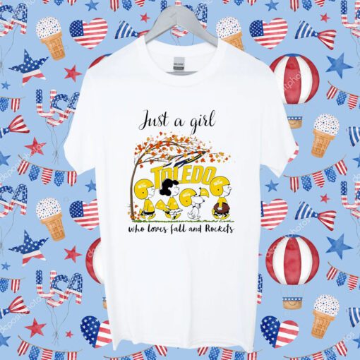 Just A Woman Who Loves Fall And Toledo Rockets Peanuts Cartoon Gift Shirt