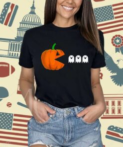 Funny Halloween Pumpkin Eating Ghost Gamer Humor Novelty T-Shirt