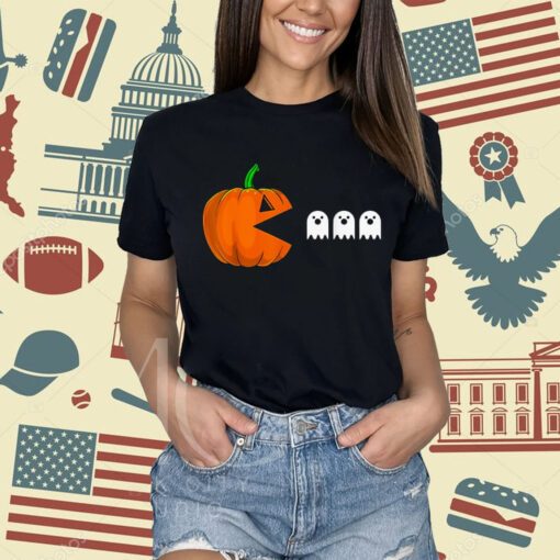 Funny Halloween Pumpkin Eating Ghost Gamer Humor Novelty T-Shirt