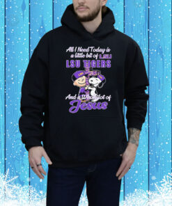 Snoopy And Charlie Brown The Peanuts All I Need Today Is A Little Bit Of Lsu Tigers And A Whole Lot Of Jesus Cross Tee Shirt