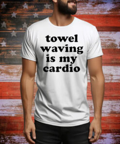 Towel waving in my cardio Tee Shirt