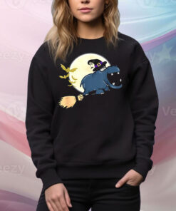 Hippo witch hat riding broom stick zoo animal Halloween Tee Shirt