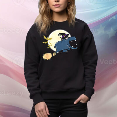 Hippo witch hat riding broom stick zoo animal Halloween Tee Shirt