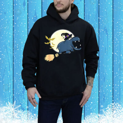 Hippo witch hat riding broom stick zoo animal Halloween Tee Shirt